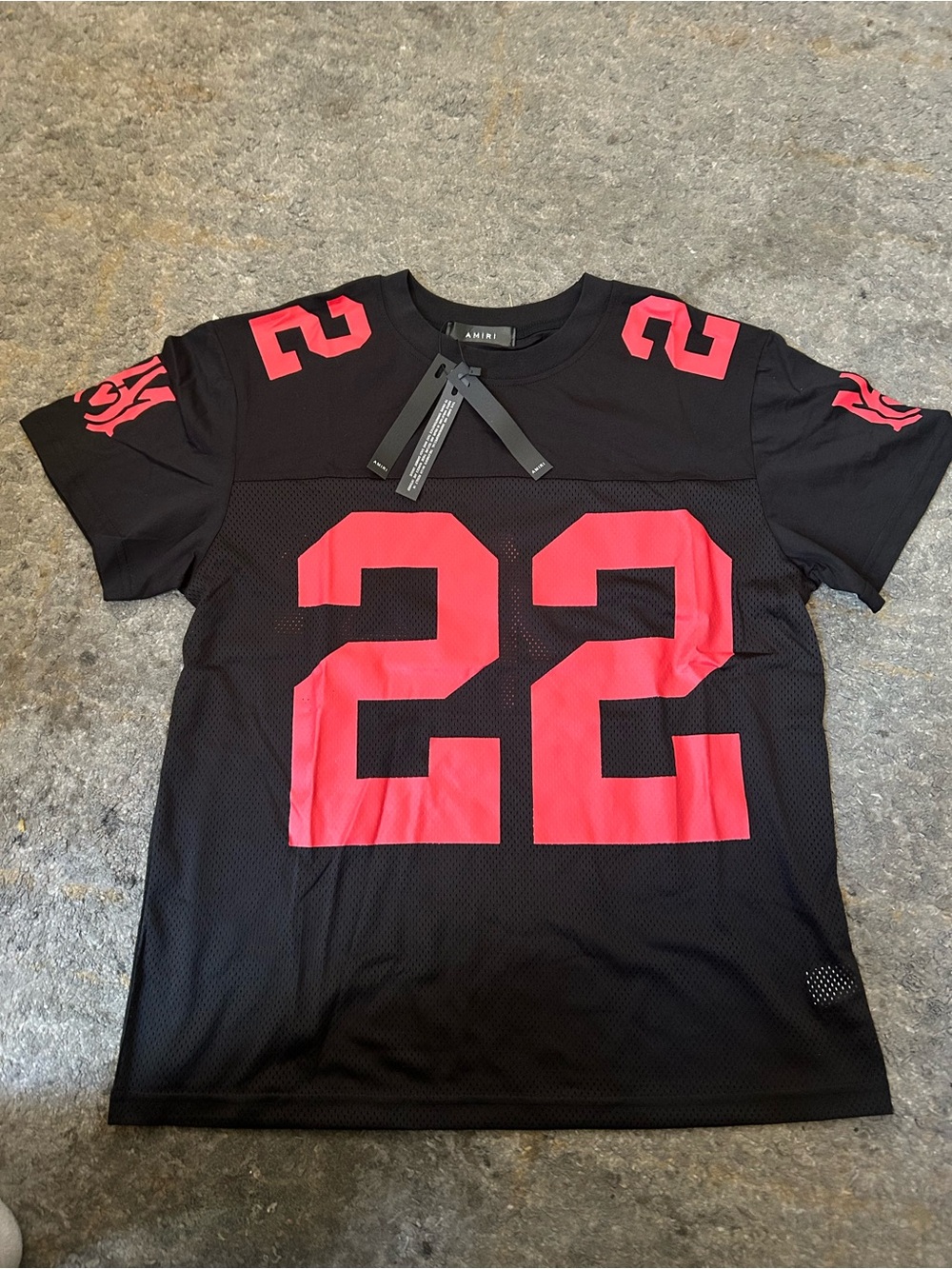 AMIRI Black Mesh Jersey with Pink-Red '22' Graphic